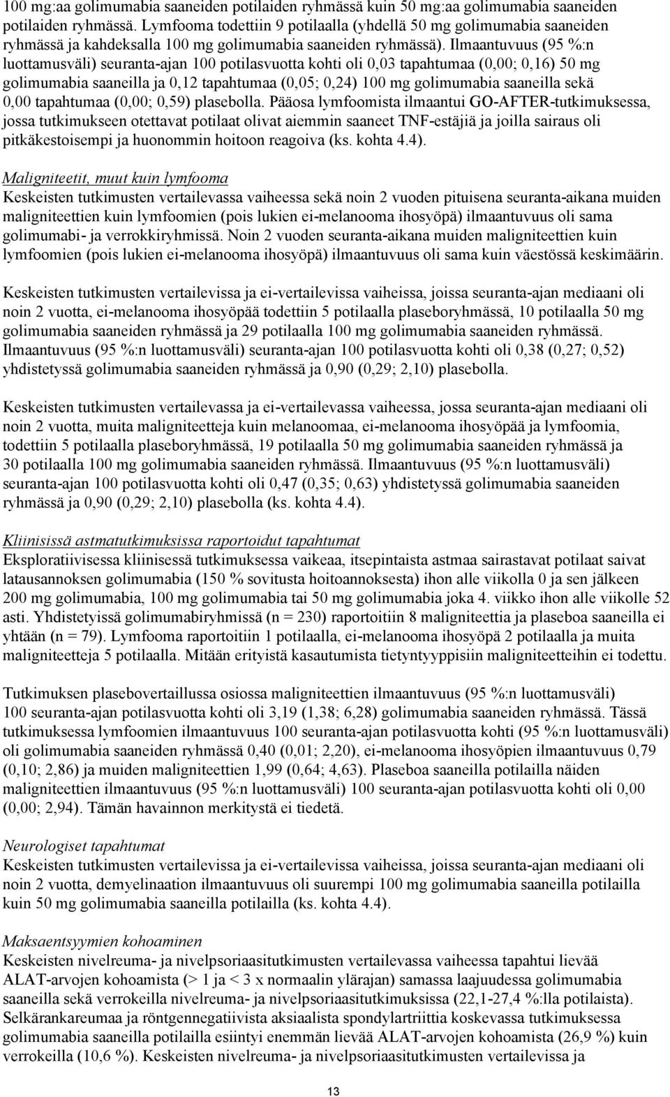 Ilmaantuvuus (95 %:n luottamusväli) seuranta-ajan 100 potilasvuotta kohti oli 0,03 tapahtumaa (0,00; 0,16) 50 mg golimumabia saaneilla ja 0,12 tapahtumaa (0,05; 0,24) 100 mg golimumabia saaneilla