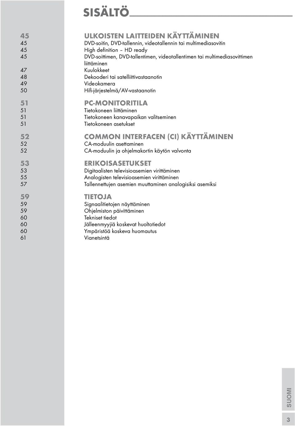 atelliittivataanotin 49 Videokamera 50 Hifi-järjetelmä/AV-vataanotin 51 PC-MONITORITILA 51 Tietokoneen liittäminen 51 Tietokoneen kanavapaikan valiteminen 51 Tietokoneen aetuket 52 COMMON INTERFACEN