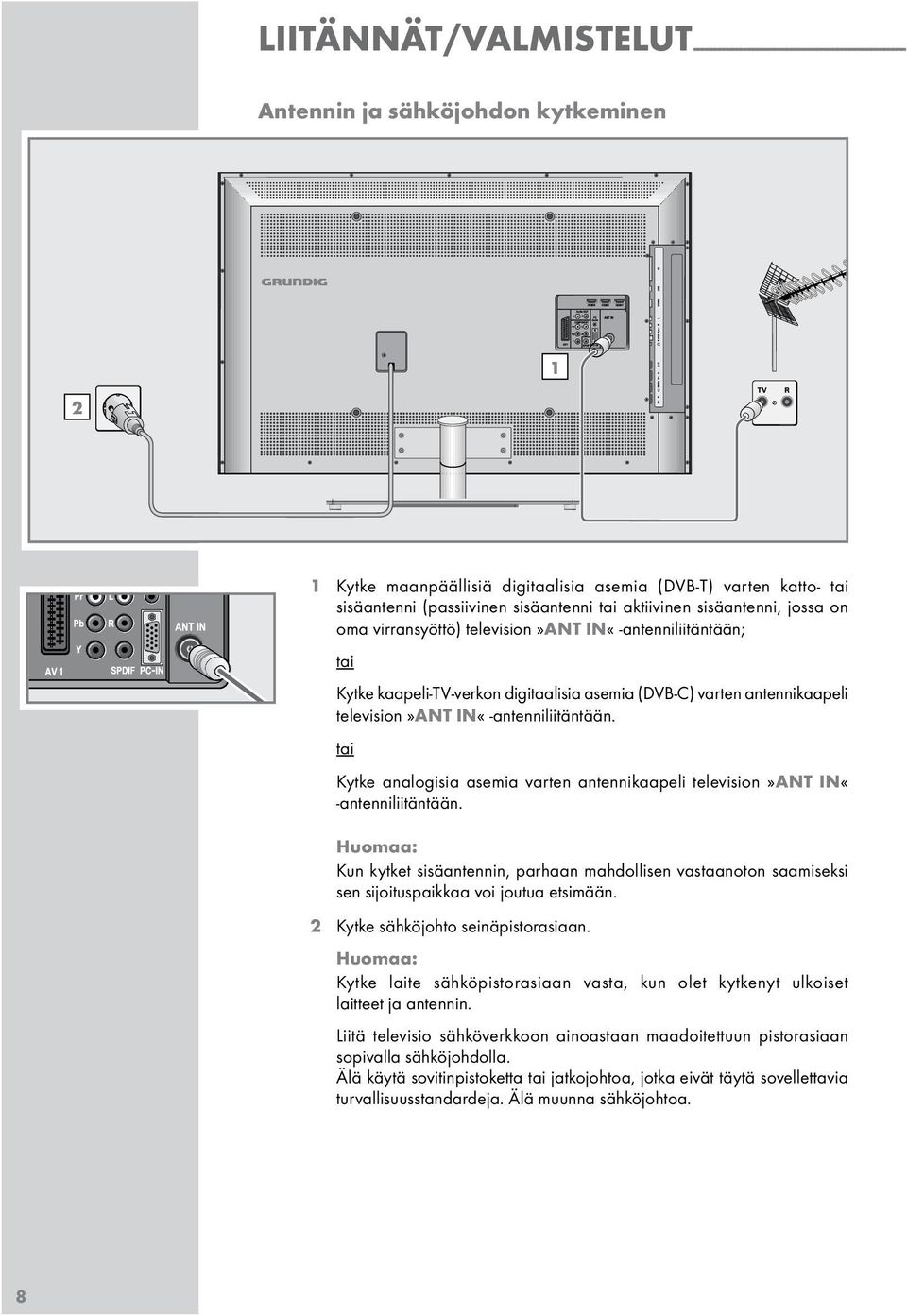 IN«-antenniliitäntään. tai Kytke analogiia aemia varten antennikaapeli televiion»ant IN«-antenniliitäntään.