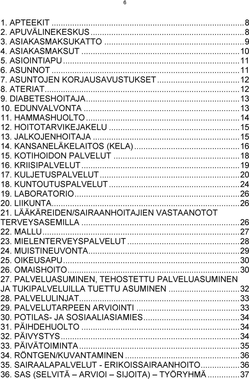 KRIISIPALVELUT... 19 17. KULJETUSPALVELUT... 20 18. KUNTOUTUSPALVELUT... 24 19. LABORATORIO... 26 20. LIIKUNTA... 26 21. LÄÄKÄREIDEN/SAIRAANHOITAJIEN VASTAANOTOT TERVEYSASEMILLA... 26 22. MALLU.