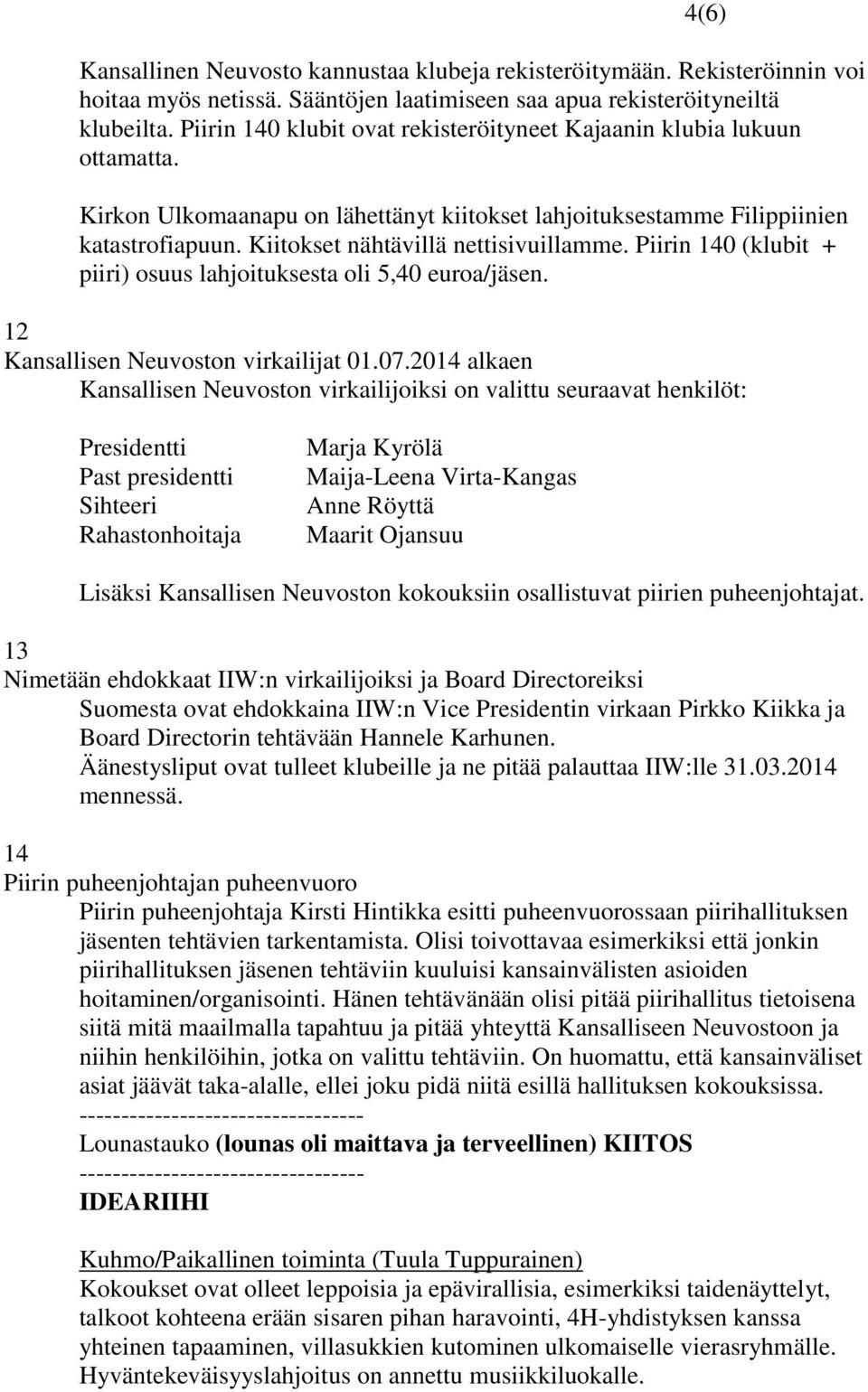 Kiitokset nähtävillä nettisivuillamme. Piirin 140 (klubit + piiri) osuus lahjoituksesta oli 5,40 euroa/jäsen. 12 Kansallisen Neuvoston virkailijat 01.07.