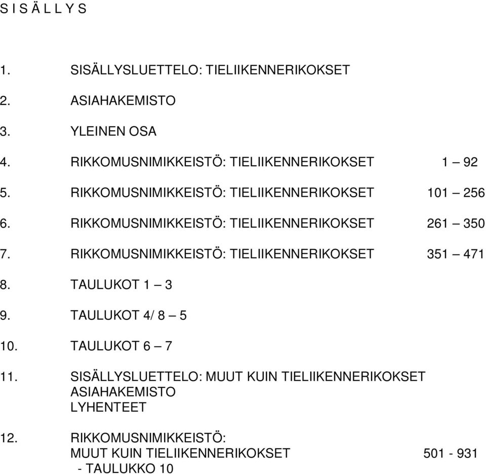 RIKKOMUSNIMIKKEISTÖ: TIELIIKENNERIKOKSET 261 350 7. RIKKOMUSNIMIKKEISTÖ: TIELIIKENNERIKOKSET 351 471 8. TAULUKOT 1 3 9.