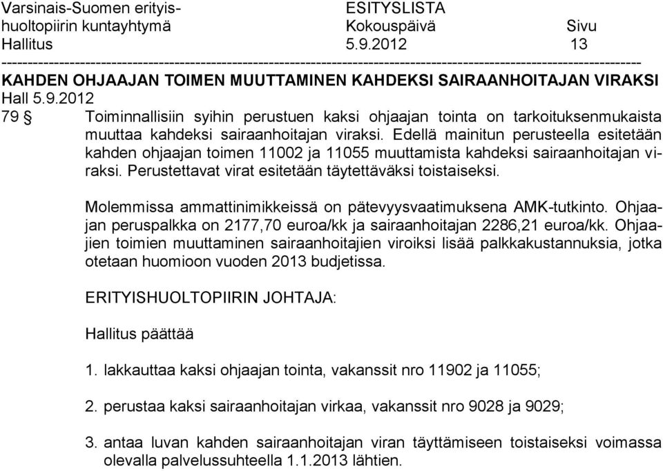 Edellä mainitun perusteella esitetään kahden ohjaajan toimen 11002 ja 11055 muuttamista kahdeksi sairaanhoitajan viraksi. Perustettavat virat esitetään täytettäväksi toistaiseksi.