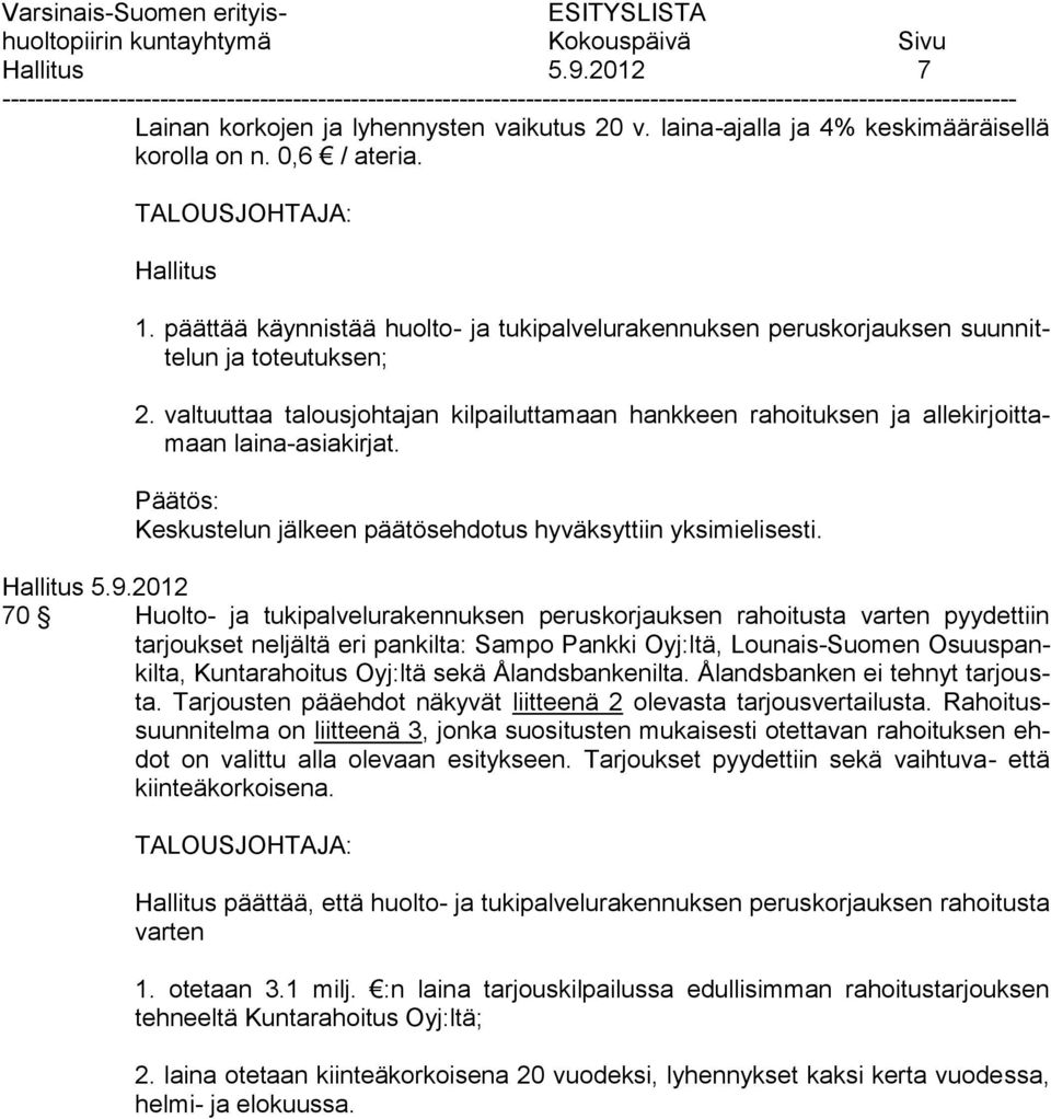 valtuuttaa talousjohtajan kilpailuttamaan hankkeen rahoituksen ja allekirjoittamaan laina-asiakirjat. Päätös: Keskustelun jälkeen päätösehdotus hyväksyttiin yksimielisesti. Hallitus 5.9.