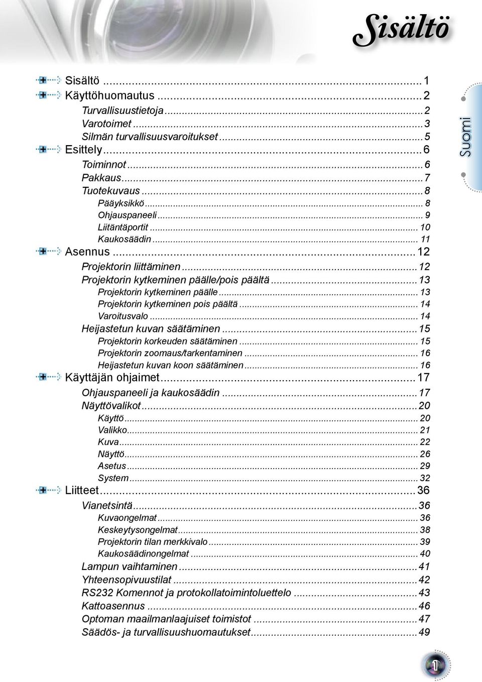 .. 13 Projektorin kytkeminen pois päältä... 14 Varoitusvalo... 14 Heijastetun kuvan säätäminen...15 Projektorin korkeuden säätäminen... 15 Projektorin zoomaus/tarkentaminen.