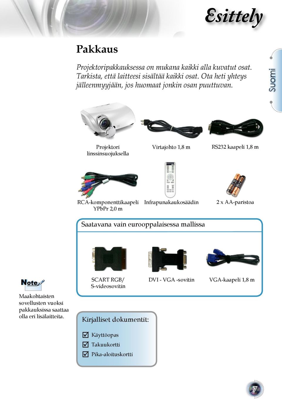 Suomi Projektori linssinsuojuksella Virtajohto 1,8 m RS232 kaapeli 1,8 m RCA-komponenttikaapeli YPbPr 2,0 m Infrapunakaukosäädin 2 x AA-paristoa