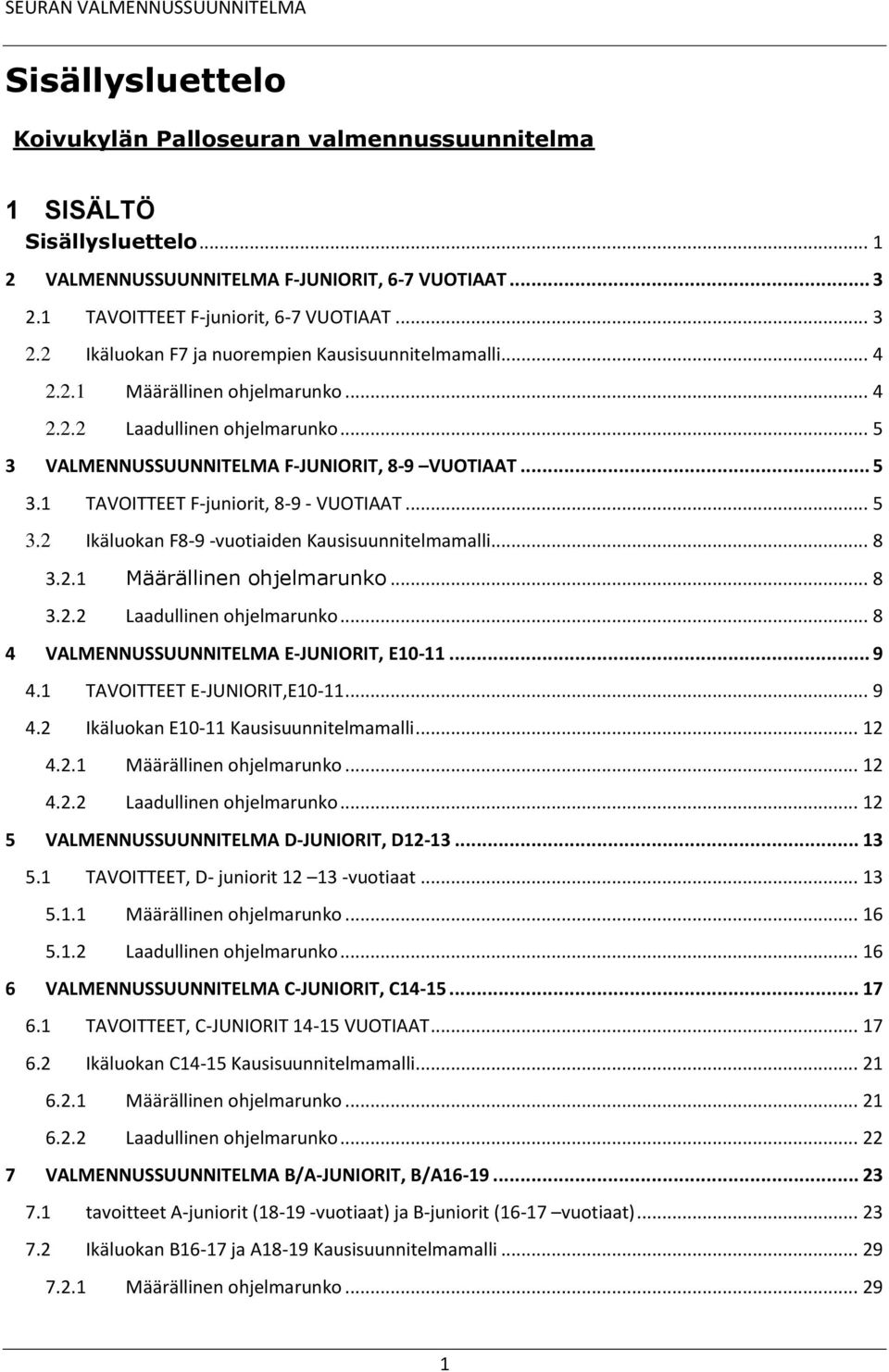 .. 8 3.2.1 Määrällinen ohjelmarunko... 8 3.2.2 Laadullinen ohjelmarunko... 8 4 VALMENNUSSUUNNITELMA E-JUNIORIT, E10-11... 9 4.1 TAVOITTEET E-JUNIORIT,E10-11... 9 4.2 Ikäluokan E10-11 Kausisuunnitelmamalli.