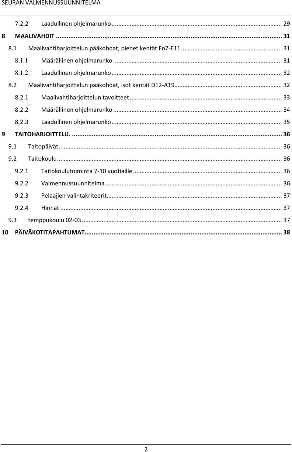 .. 35 9 TAITOHARJOITTELU.... 36 9.1 Taitopäivät... 36 9.2 Taitokoulu... 36 9.2.1 Taitokoulutoiminta 7-10 vuotiaille... 36 9.2.2 Valmennussuunnitelma... 36 9.2.3 Pelaajien valintakriteerit.