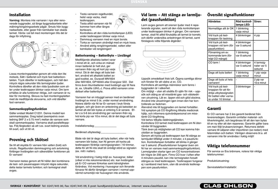 Sätt i batteriet och tryck fast batterikontakten. Tryck därefter in testknappen, och håll den intryck några sekunder tills larmsignalen ljuder.