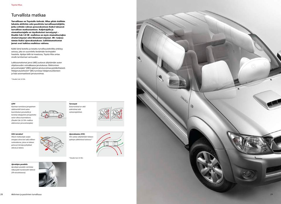 Kuljettajalla ja etumatkustajalla on täysikokoiset turvatyynyt Double Cab 3.0 SR malleissa on myös etumatkustajien sivuturvatyynyt sekä ikkunaturvatyynyt. SR+ tarjoaa tämän lisäksi ajonvakautuksen.