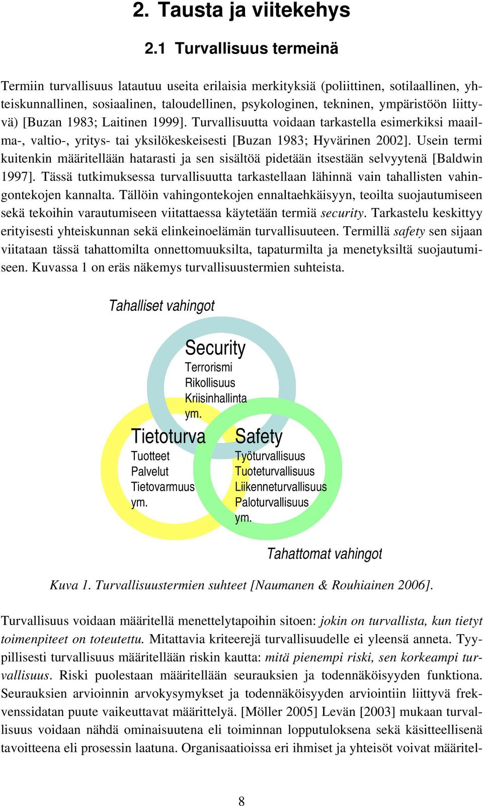 liittyvä) [Buzan 1983; Laitinen 1999]. Turvallisuutta voidaan tarkastella esimerkiksi maailma-, valtio-, yritys- tai yksilökeskeisesti [Buzan 1983; Hyvärinen 2002].