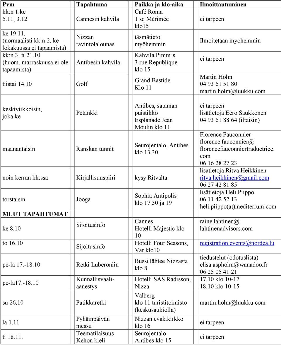 10 Nizzan ravintolalounas Antibesin kahvila Golf Café Roma 1 sq Mérimée klo15 täsmätieto myöhemmin Kahvila Pimm s 3 rue Republique klo 15 Grand Bastide Klo 11 Ilmoitetaan myöhemmin Martin Holm 04 93