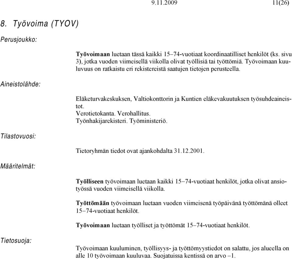 Eläketurvakeskuksen, Valtiokonttorin ja Kuntien eläkevakuutuksen työsuhdeaineistot. Verotietokanta. Verohallitus. Työnhakijarekisteri. Työministeriö. Tietoryhmän tiedot ovat ajankohdalta 31.12.2001.