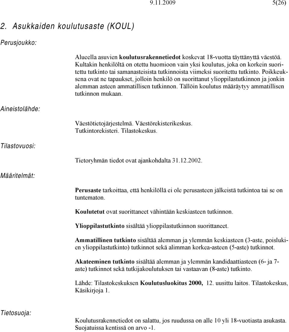 Poikkeuksena ovat ne tapaukset, jolloin henkilö on suorittanut ylioppilastutkinnon ja jonkin alemman asteen ammatillisen tutkinnon. Tällöin koulutus määräytyy ammatillisen tutkinnon mukaan.