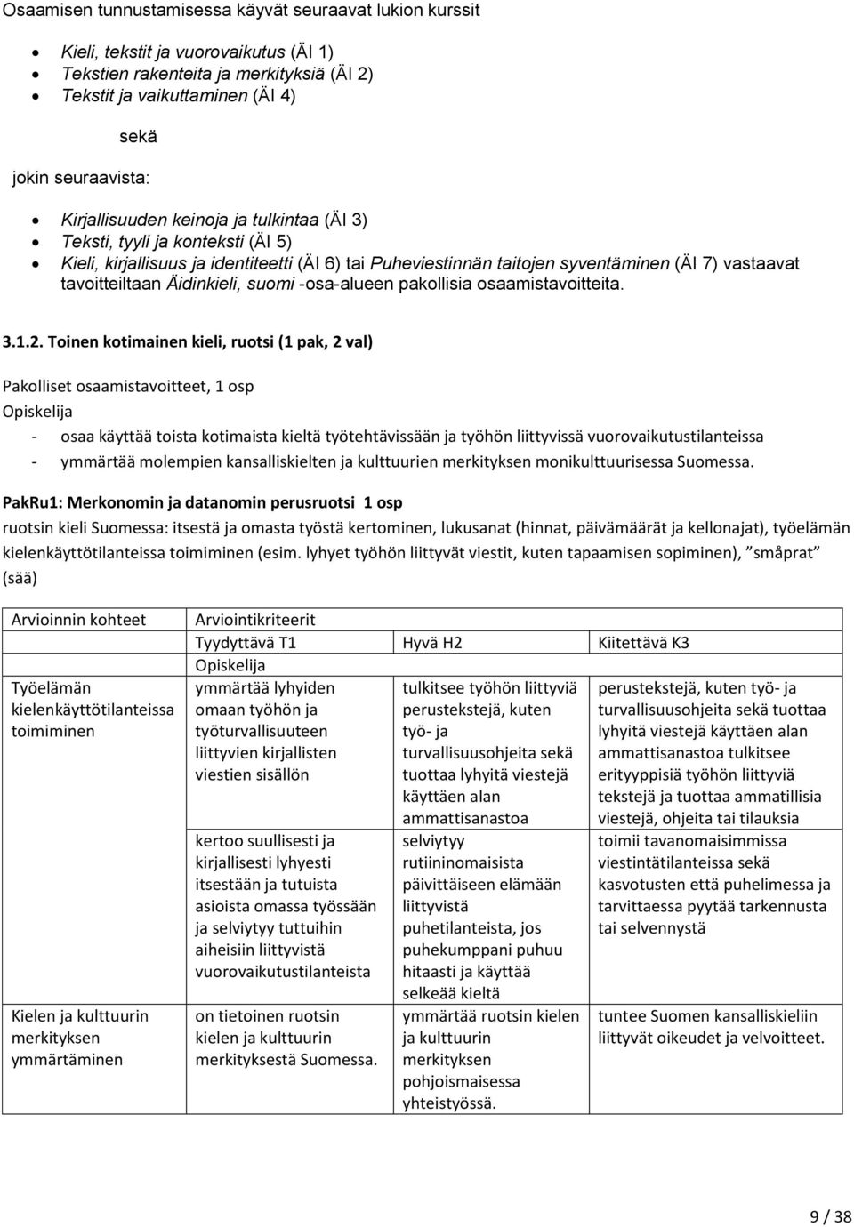 Äidinkieli, suomi -osa-alueen pakollisia osaamistavoitteita. 3.1.2.