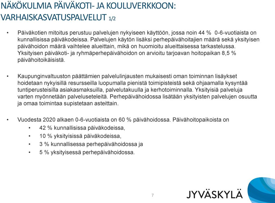 Yksityisen päiväkoti- ja ryhmäperhepäivähoidon on arvioitu tarjoavan hoitopaikan 8,5 % päivähoitoikäisistä.