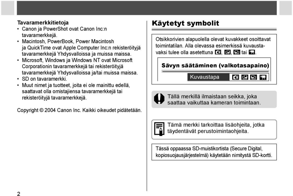 Microsoft, Windows ja Windows NT ovat Microsoft Corporationin tavaramerkkejä tai rekisteröityjä tavaramerkkejä Yhdysvalloissa ja/tai muissa maissa. SD on tavaramerkki.