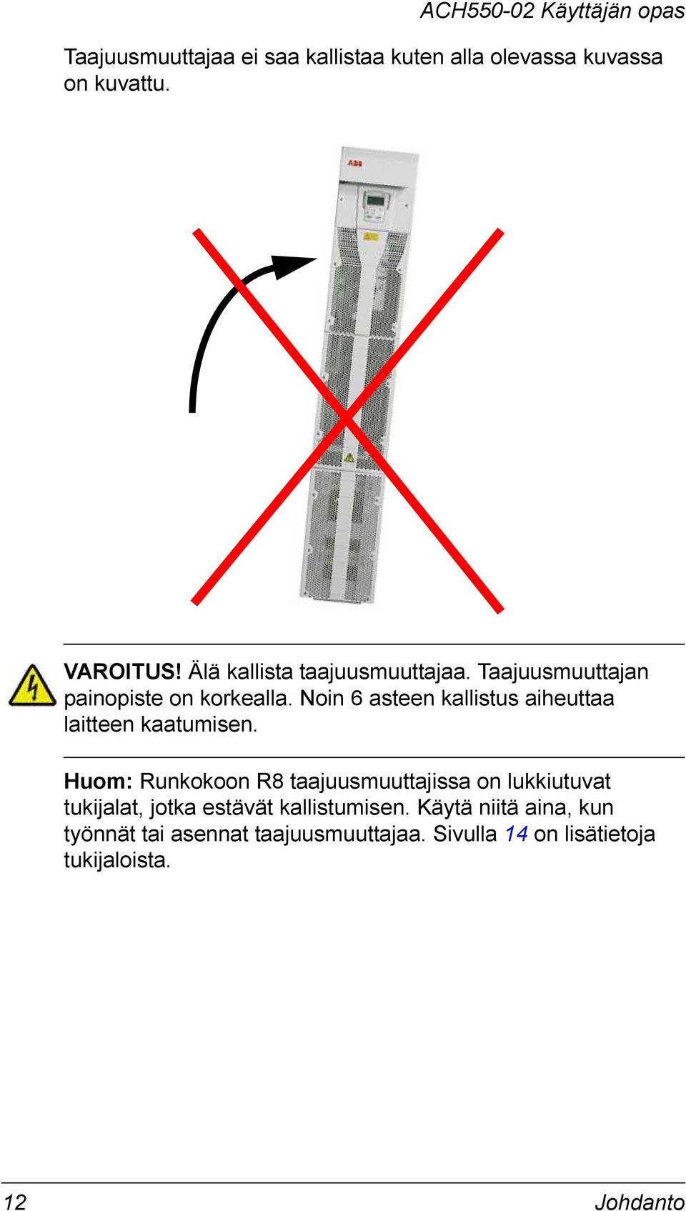 Noin 6 asteen kallistus aiheuttaa laitteen kaatumisen.