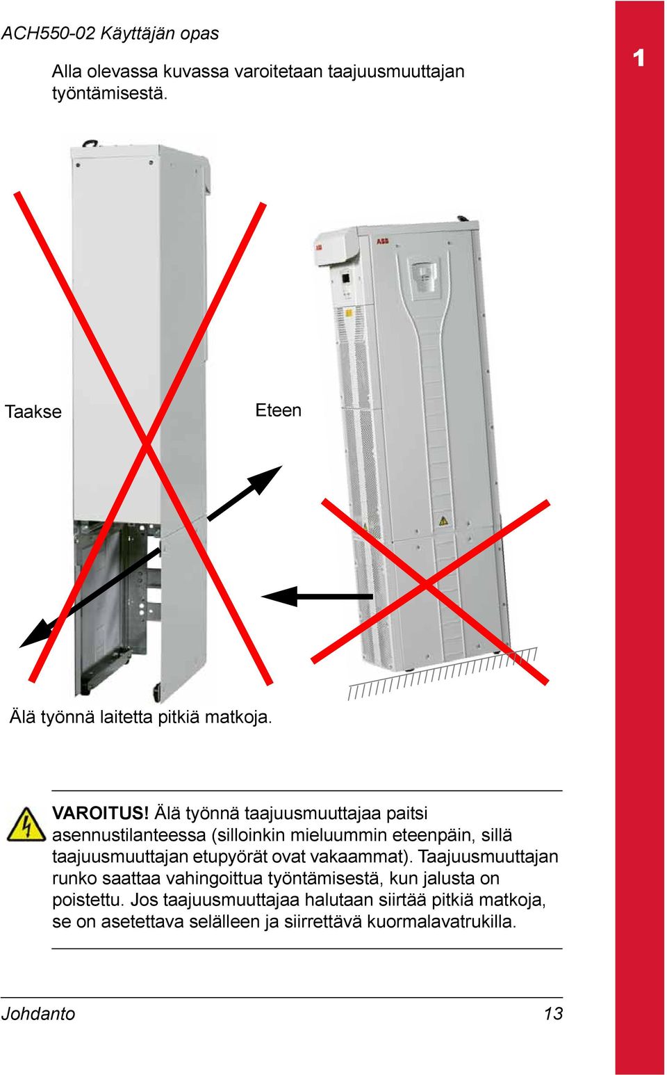 Älä työnnä taajuusmuuttajaa paitsi asennustilanteessa (silloinkin mieluummin eteenpäin, sillä taajuusmuuttajan