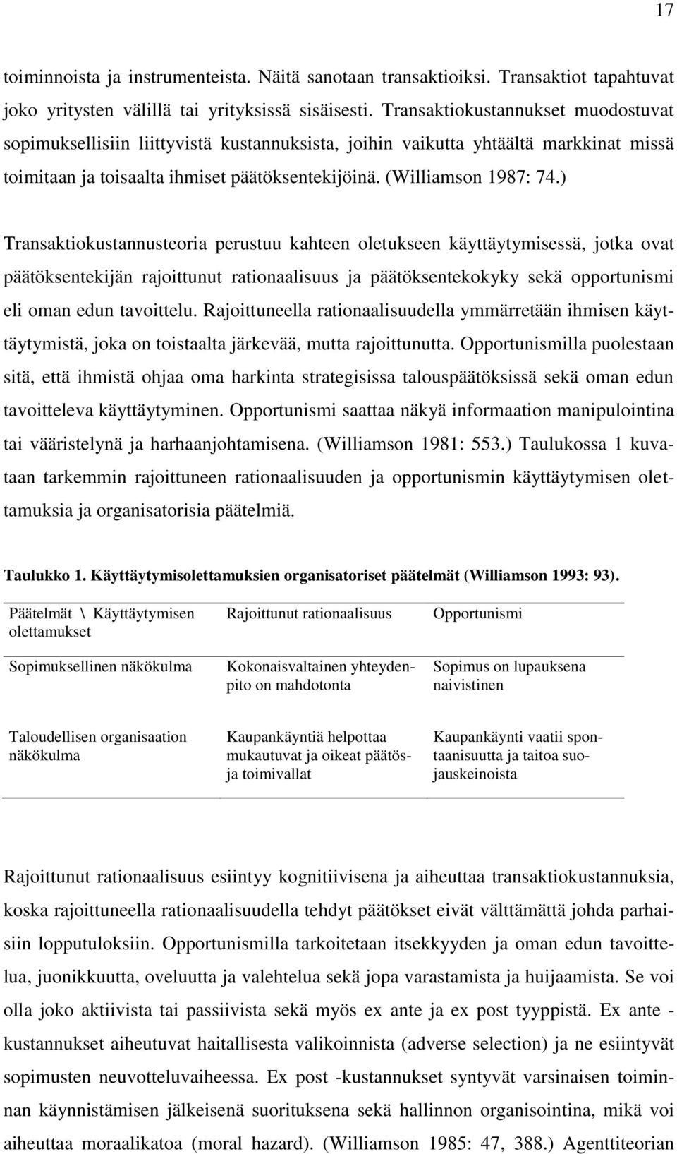 ) Transaktiokustannusteoria perustuu kahteen oletukseen käyttäytymisessä, jotka ovat päätöksentekijän rajoittunut rationaalisuus ja päätöksentekokyky sekä opportunismi eli oman edun tavoittelu.