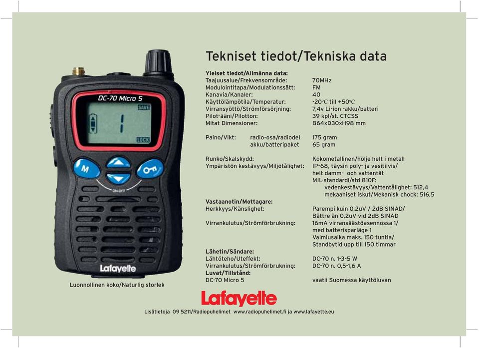 CTCSS Mitat Dimensioner: B64xD30xH98 mm Paino/Vikt: radio-osa/radiodel 175 gram akku/batteripaket 65 gram Luonnollinen koko/naturlig storlek Runko/Skalskydd: Ympäristön kestävyys/miljötålighet: