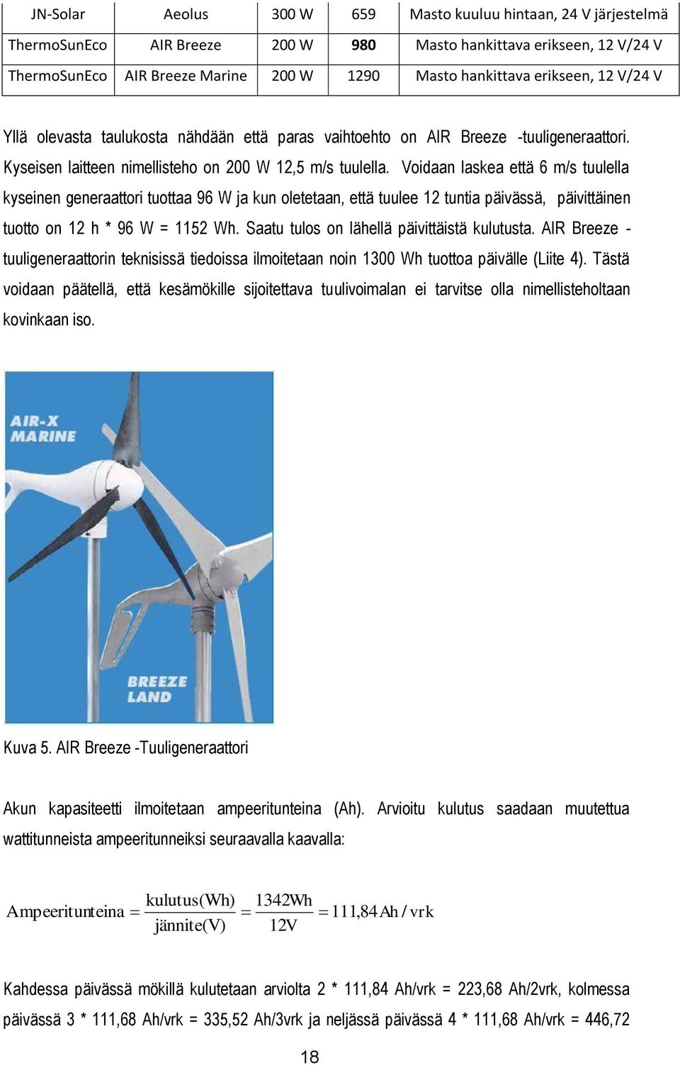 Voidaan laskea että 6 m/s tuulella kyseinen generaattori tuottaa 96 W ja kun oletetaan, että tuulee 12 tuntia päivässä, päivittäinen tuotto on 12 h * 96 W = 1152 Wh.