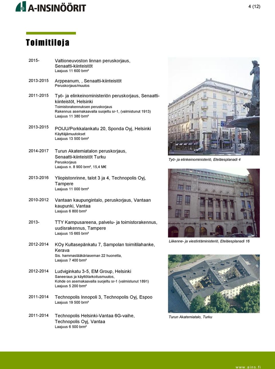 Sponda Oyj, Käyttäjämuutokset Laajuus 13 500 brm² 2014-2017 Turun Akatemiatalon peruskorjaus, Senaatti-kiinteistöt Turku Peruskorjaus Laajuus n.