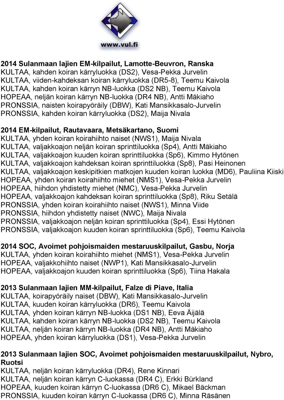 kahden koiran kärryluokka (DS2), Maija Nivala 2014 EM-kilpailut, Rautavaara, Metsäkartano, Suomi KULTAA, yhden koiran koirahiihto naiset (NWS1), Maija Nivala KULTAA, valjakkoajon neljän koiran