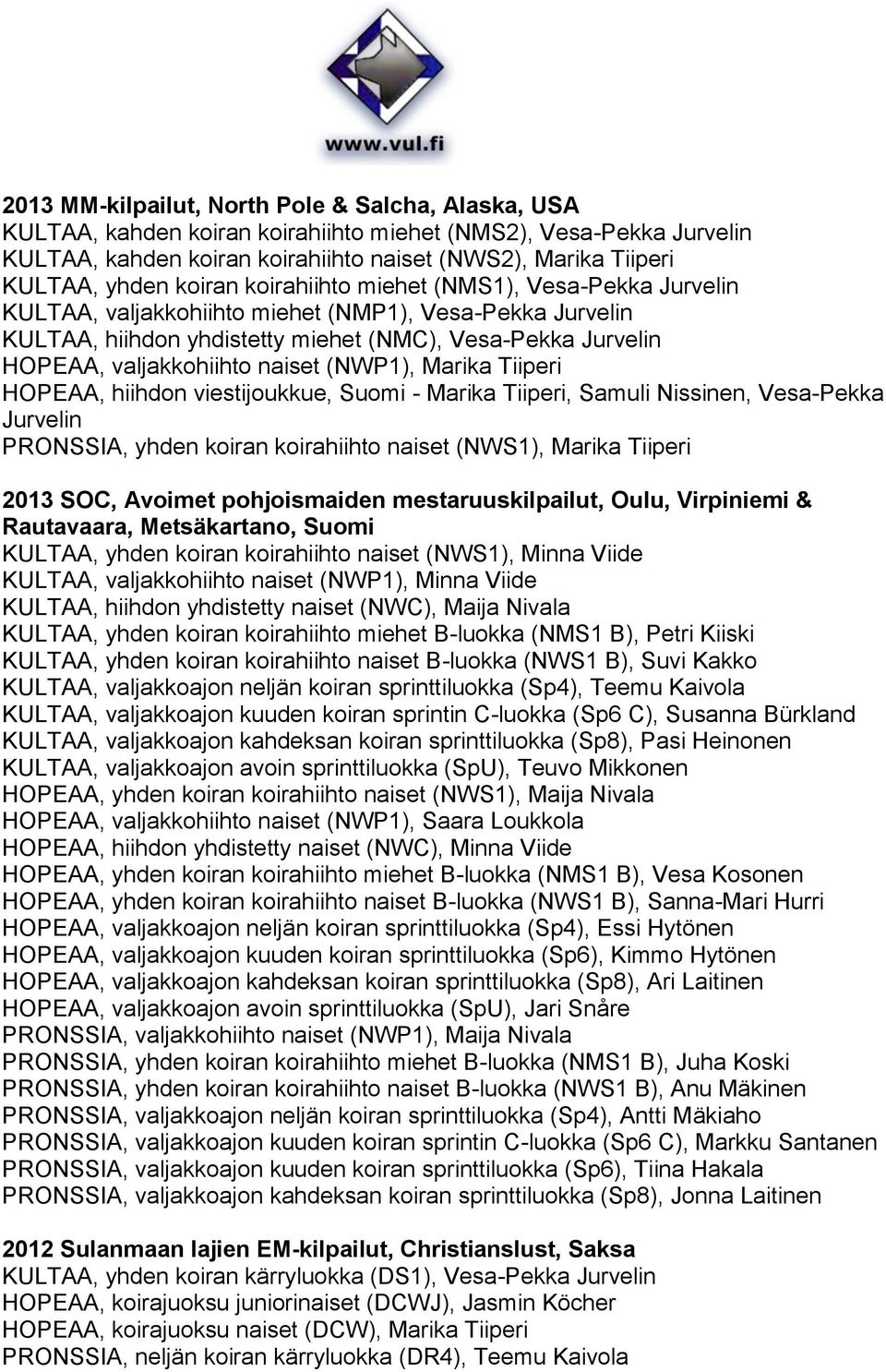 naiset (NWP1), Marika Tiiperi HOPEAA, hiihdon viestijoukkue, Suomi - Marika Tiiperi, Samuli Nissinen, Vesa-Pekka Jurvelin PRONSSIA, yhden koiran koirahiihto naiset (NWS1), Marika Tiiperi 2013 SOC,