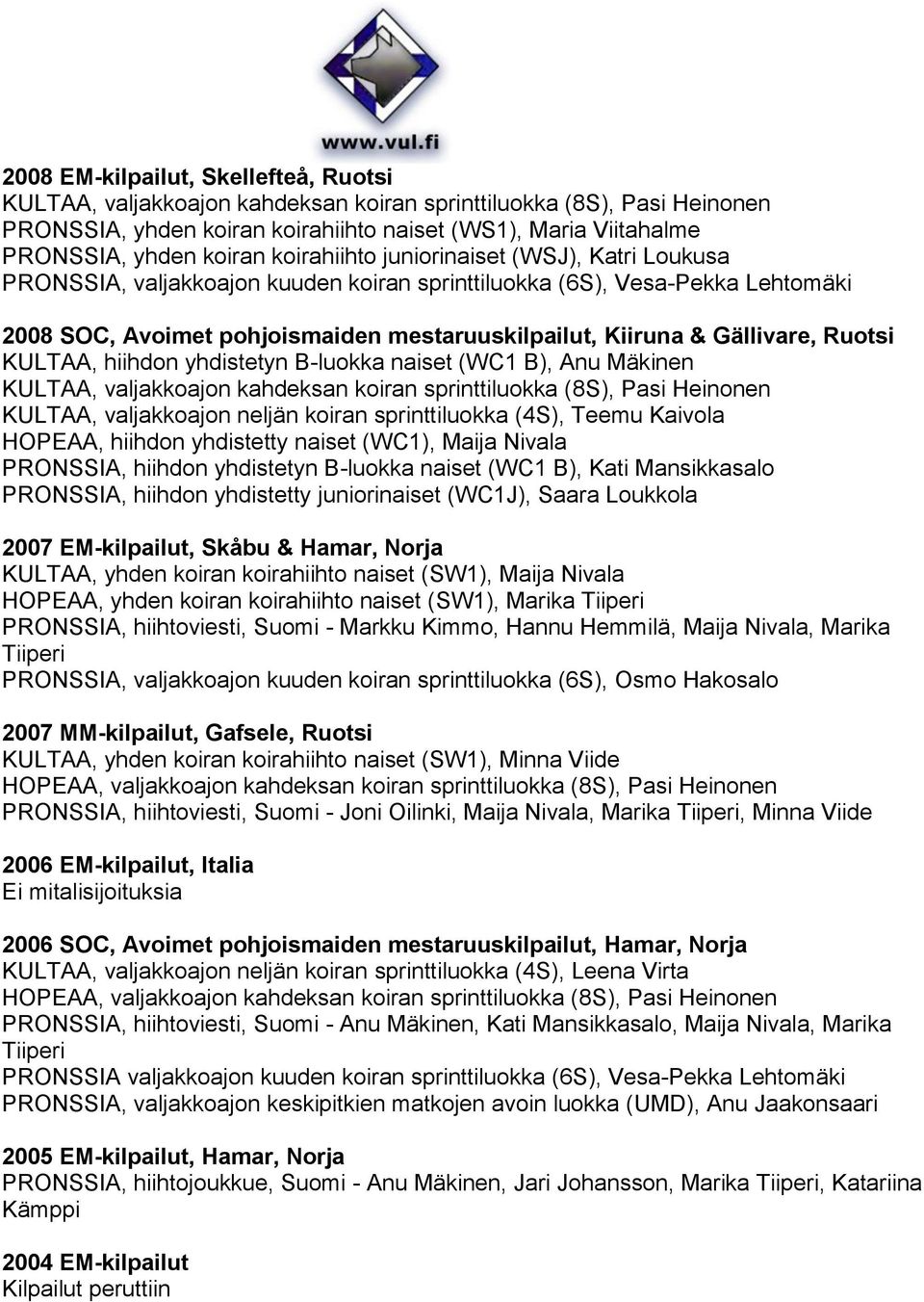 Ruotsi KULTAA, hiihdon yhdistetyn B-luokka naiset (WC1 B), Anu Mäkinen KULTAA, valjakkoajon kahdeksan koiran sprinttiluokka (8S), Pasi Heinonen KULTAA, valjakkoajon neljän koiran sprinttiluokka (4S),