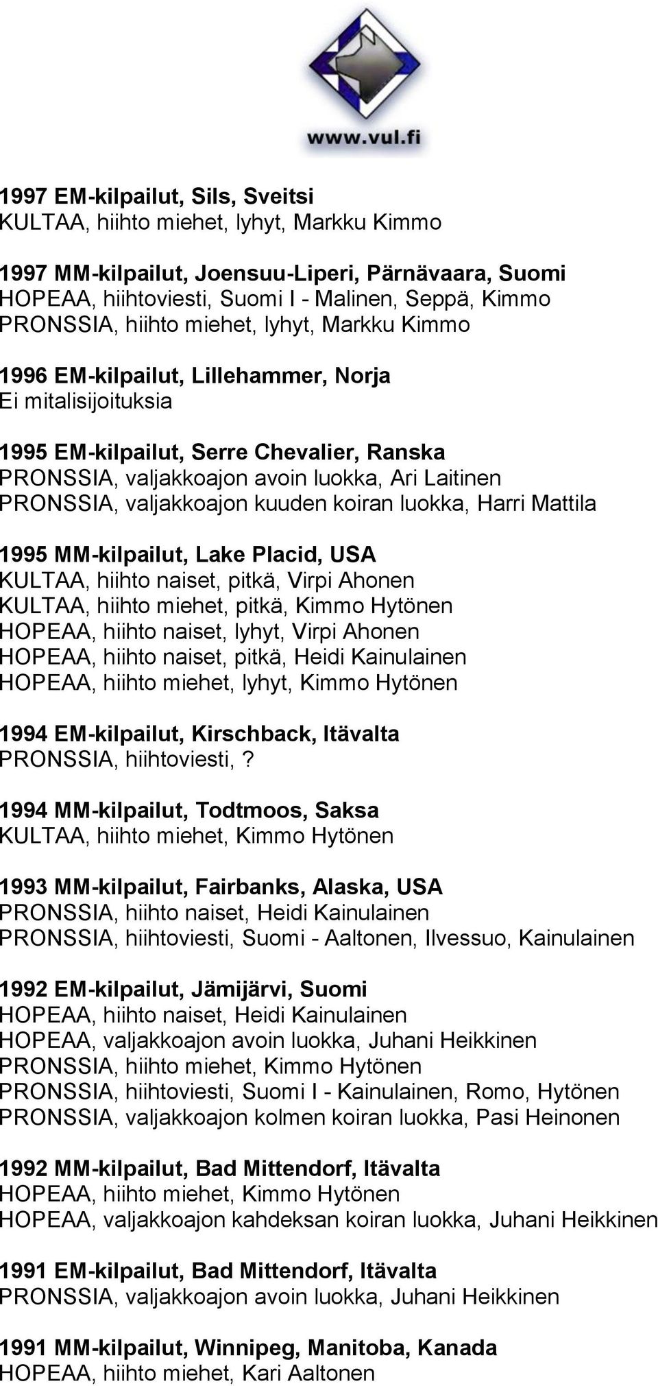 luokka, Harri Mattila 1995 MM-kilpailut, Lake Placid, USA KULTAA, hiihto naiset, pitkä, Virpi Ahonen KULTAA, hiihto miehet, pitkä, Kimmo Hytönen HOPEAA, hiihto naiset, lyhyt, Virpi Ahonen HOPEAA,