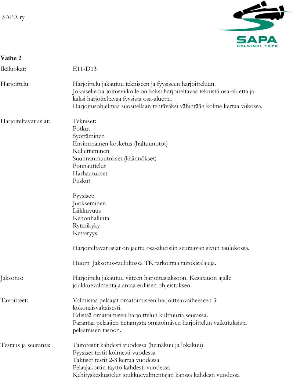 Tekniset: Potkut Syöttäminen Ensimmäinen kosketus (haltuunotot) Kuljettaminen Suunnanmuutokset (käännökset) Ponnauttelut Harhautukset Puskut Fyysiset: Juokseminen Liikkuvuus Kehonhallinta Rytmikyky