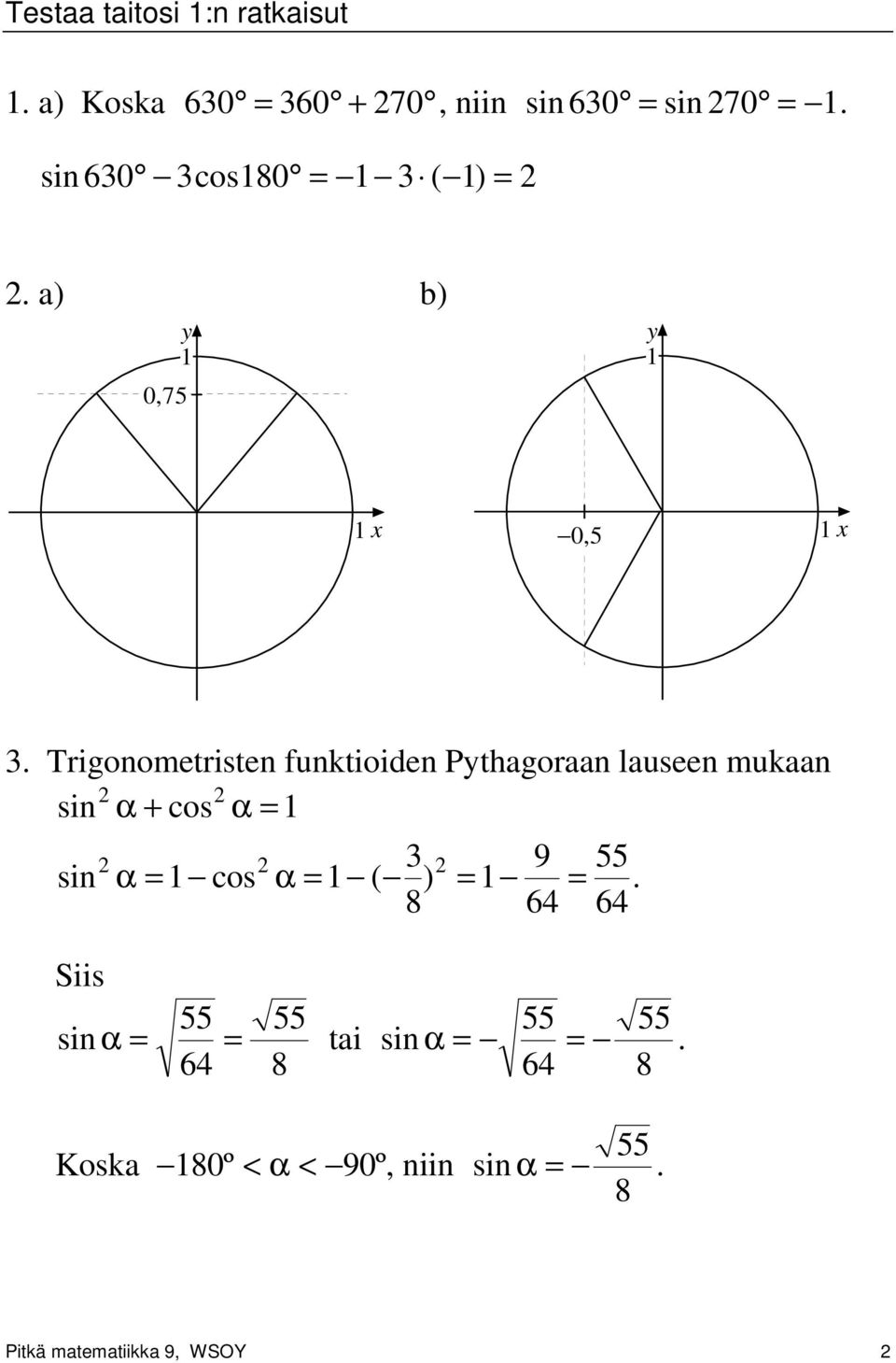Trigonometristen funktioiden Pythagoraan lauseen mukaan sin α + cos α sin α cos