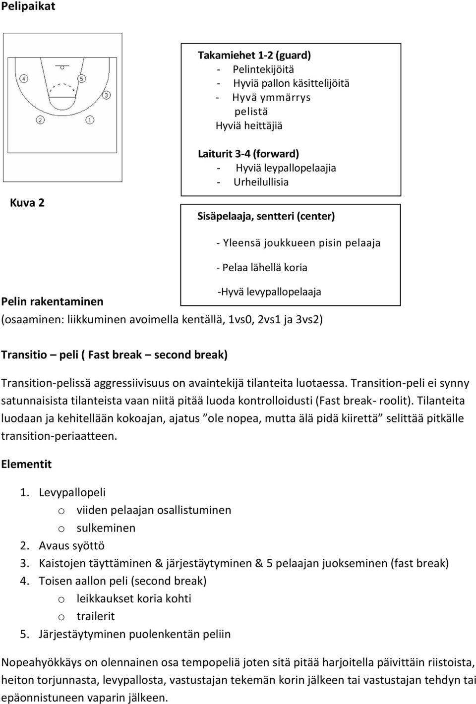 peli ( Fast break secnd break) Transitin-pelissä aggressiivisuus n avaintekijä tilanteita lutaessa.