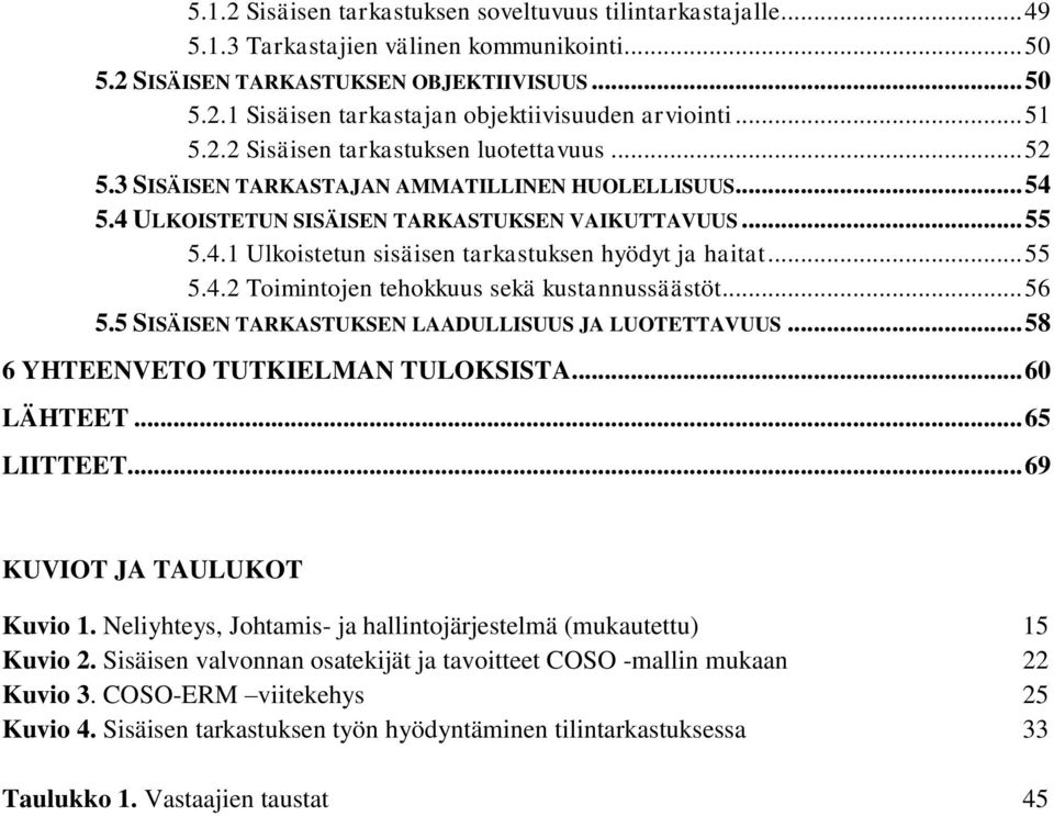 .. 55 5.4.2 Toimintojen tehokkuus sekä kustannussäästöt... 56 5.5 SISÄISEN TARKASTUKSEN LAADULLISUUS JA LUOTETTAVUUS... 58 6 YHTEENVETO TUTKIELMAN TULOKSISTA... 60 LÄHTEET... 65 LIITTEET.