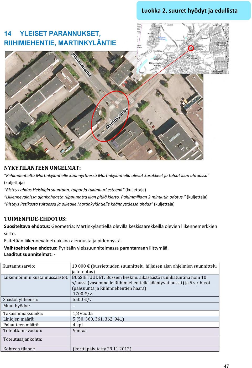 (kuljettaja) Risteys Petikosta tultaessa ja oikealle Martinkyläntielle käännyttäessä ahdas (kuljettaja) Suositeltava ehdotus: Geometria: Martinkyläntiellä olevilla keskisaarekkeilla olevien