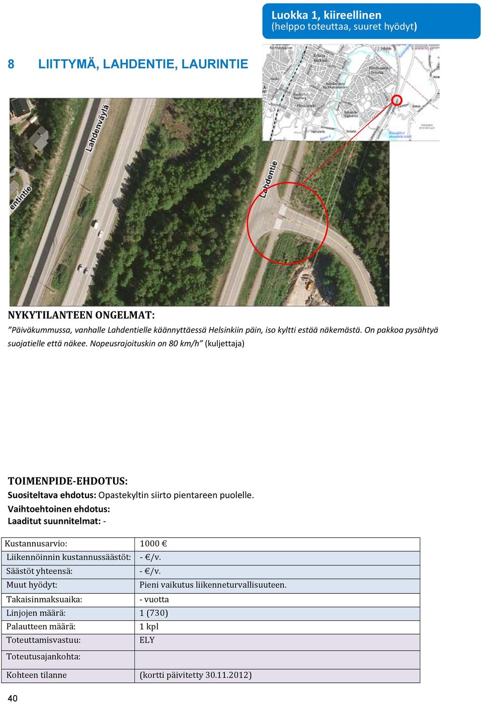 Nopeusrajoituskin on 80 km/h (kuljettaja) Suositeltava ehdotus: Opastekyltin siirto pientareen puolelle.