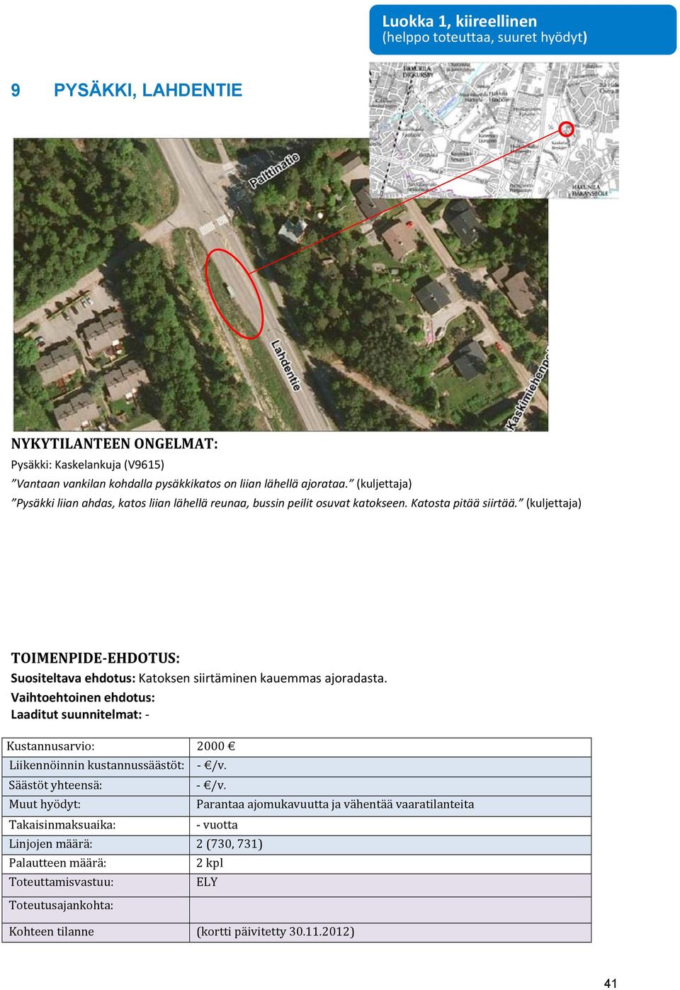 (kuljettaja) Suositeltava ehdotus: Katoksen siirtäminen kauemmas ajoradasta. Kustannusarvio: 2000 Liikennöinnin kustannussäästöt: /v.