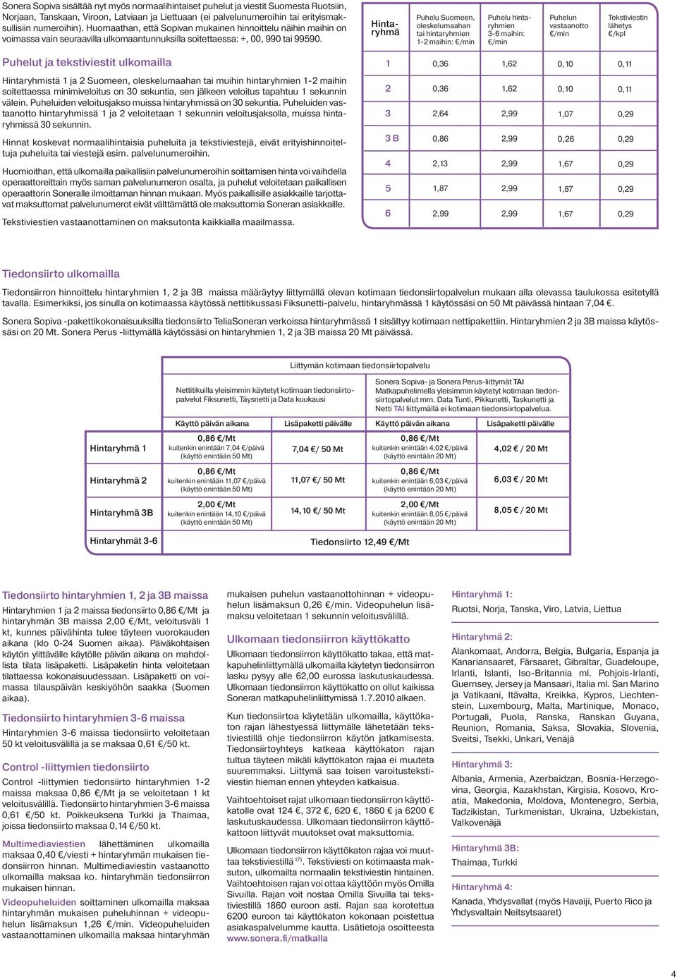 Hintaryhmä Puhelu Suomeen, oleskelumaahan tai hintaryhmien 1-2 maihin: /min Puhelu hintaryhmien 3-6 maihin: /min Puhelun vastaanotto /min Tekstiviestin lähetys /kpl Puhelut ja tekstiviestit