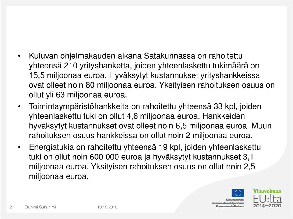 Toimintaympäristöhankkeita on rahoitettu yhteensä 33 kpl, p, joiden yhteenlaskettu tuki on ollut 4,6 miljoonaa euroa.