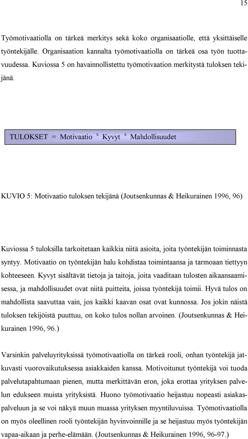 TULOKSET = Motivaatio x Kyvyt x Mahdollisuudet KUVIO 5: Motivaatio tuloksen tekijänä (Joutsenkunnas & Heikurainen 1996, 96) Kuviossa 5 tuloksilla tarkoitetaan kaikkia niitä asioita, joita työntekijän