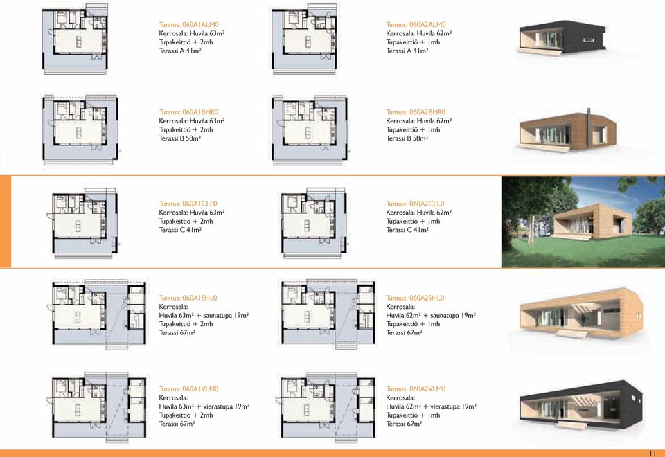 Tupakeittiö + 1mh Terassi C 41m² Tunnus: 060A1SHL0 Huvila 63m² + saunatupa 19m² Tupakeittiö + 2mh Terassi 67m² Tunnus: 060A2SHL0 Huvila 62m² + saunatupa 19m² Tupakeittiö +