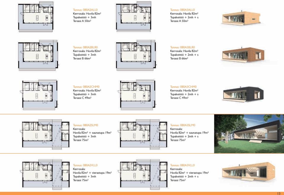 Tupakeittiö + 2mh + s Terassi C 49m² Tunnus: 080A2SLM0 Huvila 82m² + saunatupa 19m² Tupakeittiö + 3mh Terassi 75m² Tunnus: 080A3SLM0 Huvila 82m² + saunatupa 19m² Tupakeittiö +