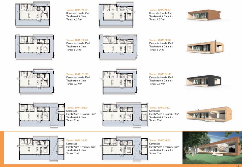 95m² Tupakeittiö + 3mh +s Terassi C 57m² Tunnus: 100A1SHL0 Huvila 95m² + saunat. 19m² Tupakeittiö + 3mh Terassi 83m² Tunnus: 100A2SHL0 Huvila 95m² + saunat.