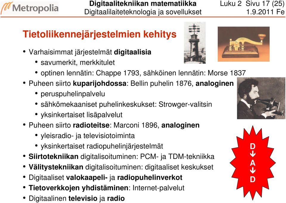 lisäpalvelut Puheen siirto radioteitse: Marconi 1896, analoginen yleisradio- ja televisiotoiminta yksinkertaiset radiopuhelinjärjestelmät Siirtotekniikan digitalisoituminen: PCM- ja