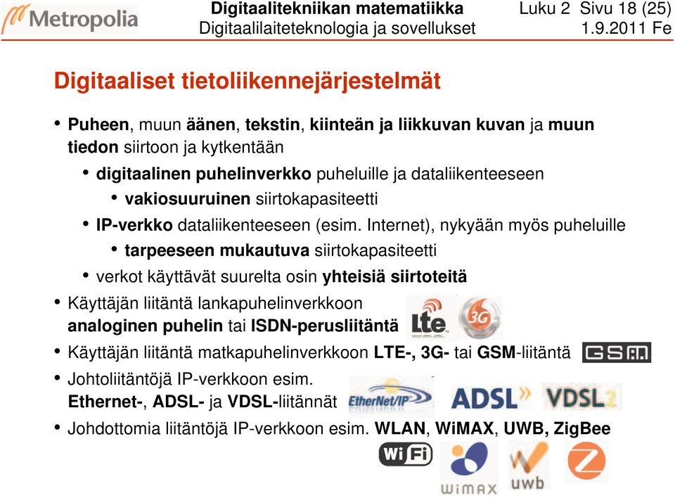 Internet), nykyään myös puheluille tarpeeseen mukautuva siirtokapasiteetti verkot käyttävät suurelta osin yhteisiä siirtoteitä Käyttäjän liitäntä lankapuhelinverkkoon analoginen