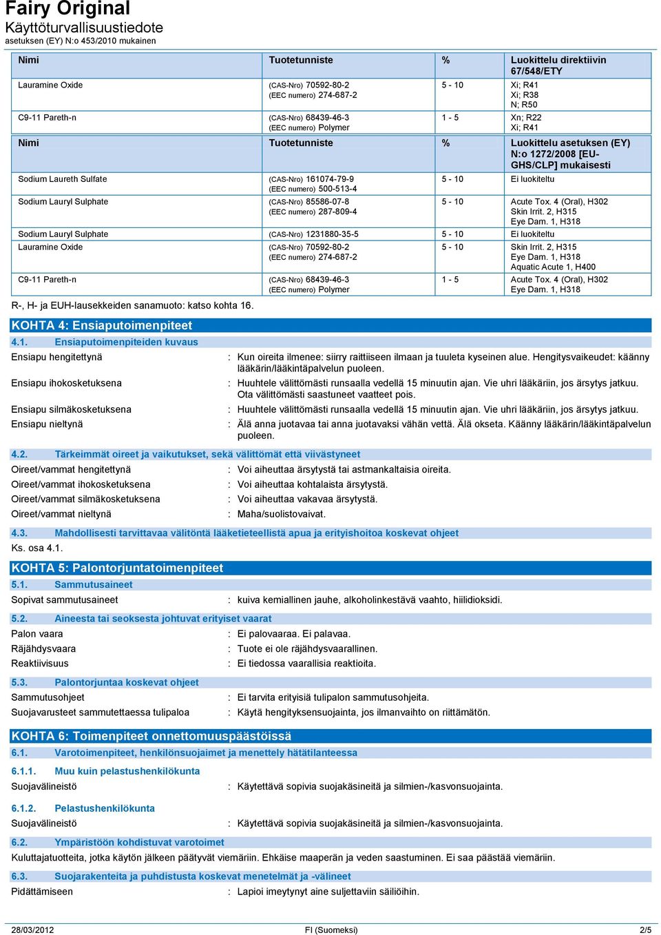 (EEC numero) 287-809-4 5-10 Ei luokiteltu 5-10 Acute Tox. 4 (Oral), H302 Skin Irrit.