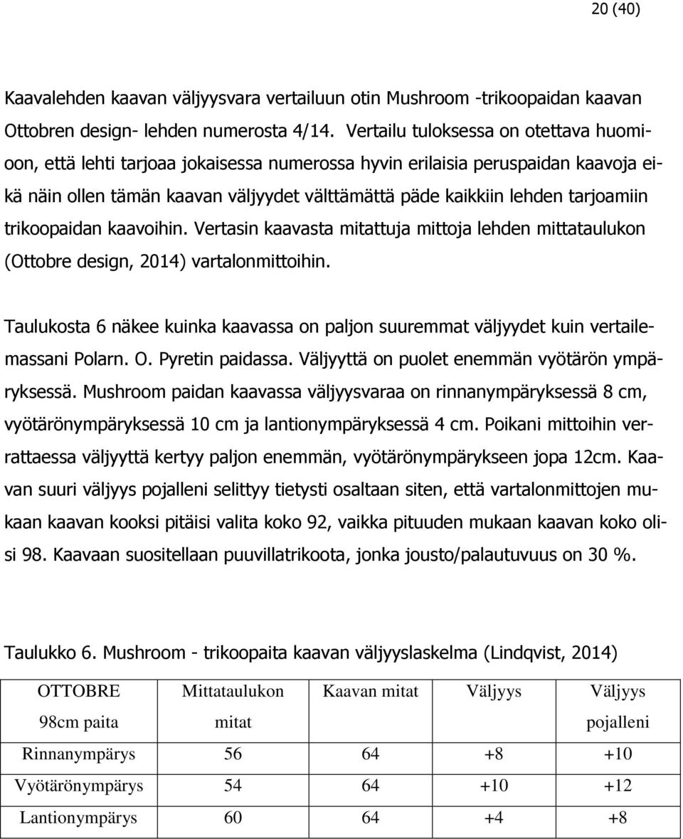 tarjoamiin trikoopaidan kaavoihin. Vertasin kaavasta mitattuja mittoja lehden mittataulukon (Ottobre design, 2014) vartalonmittoihin.