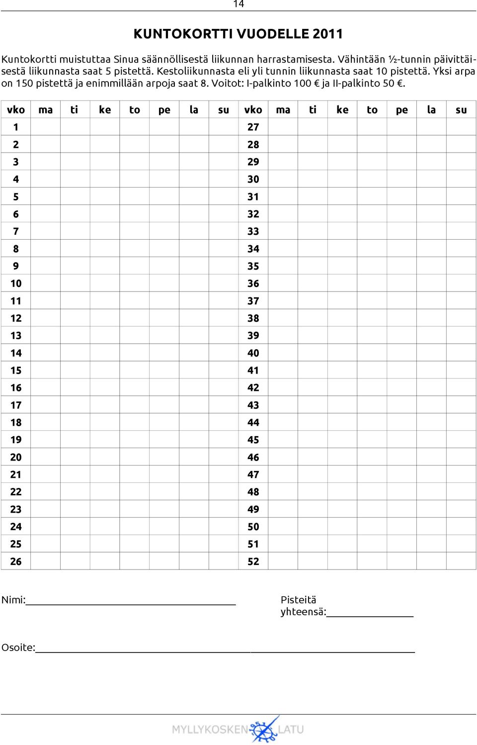 Yksi arpa on 150 pistettä ja enimmillään arpoja saat 8. Voitot: I-palkinto 100 ja II-palkinto 50.