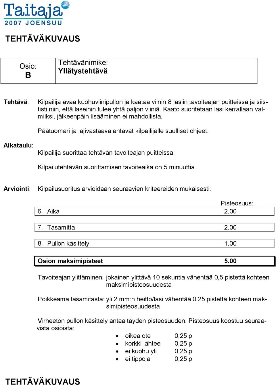 Aikataulu: Kilpailija suorittaa tehtävän tavoiteajan puitteissa. Kilpailutehtävän suorittamisen tavoiteaika on 5 minuuttia. 6. Aika 2.00 7. Tasamitta 2.00 8. Pullon käsittely 1.